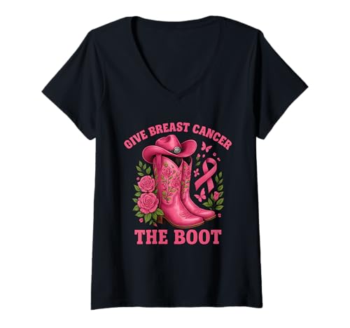 Damen Give Cancer The Boot Cowgirl Brustkrebs-Bewusstsein T-Shirt mit V-Ausschnitt von Give Cancer The Boot Apparel Co