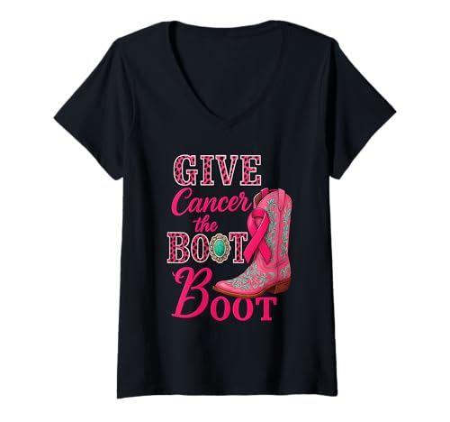 Damen Give Cancer The Boot Western Cowgirl Leopard Brustkrebs T-Shirt mit V-Ausschnitt Damen Give Cancer The Boot Western Cowgirl Leopard Brustkrebs T-Shirt mit V-Ausschnitt von Give Cancer The Boot Leopard Apparel Co