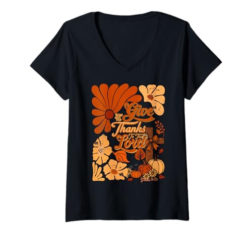 Damen Boho Retro Christian Herbst Kürbis Give Thanks to The Lord T-Shirt mit V-Ausschnitt Damen Boho Retro Christian Herbst Kürbis Give Thanks to The Lord T-Shirt mit V-Ausschnitt von Give Thanks to The Lord Funny Thanksgiving