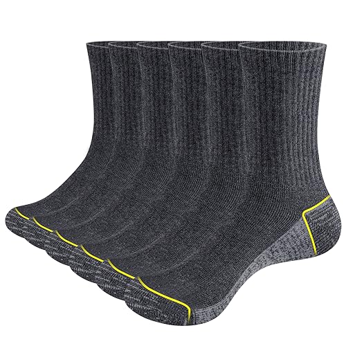 GiveGift Arbeitssocken Herren Langlebig Anti Schweiß Socken Wandersocken Crew Sportsocken Atmungsaktiv Baumwolle Gepolstert Work Socken Herren 6 Paar Grau 39-42/43-46 von GiveGift