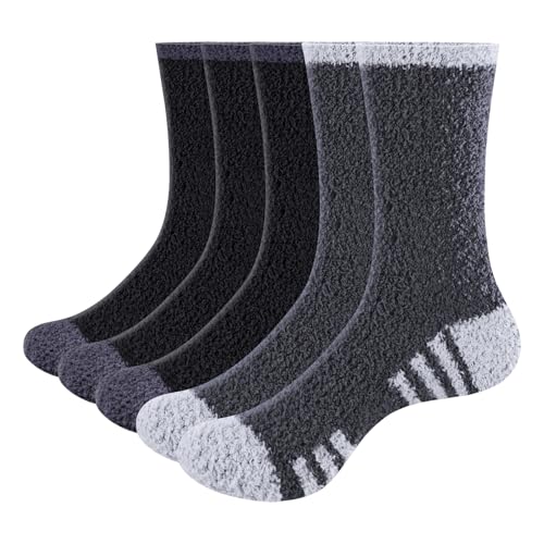 GiveGift Kuschelsocken Herren Plüschsocken Bettsocken Dicke Warme Plüsch Kuschel Flauschige Socken Bunt für Männer Fuzzy Fluffy Socks 46-49 Schwarz Grau 5 paar von GiveGift