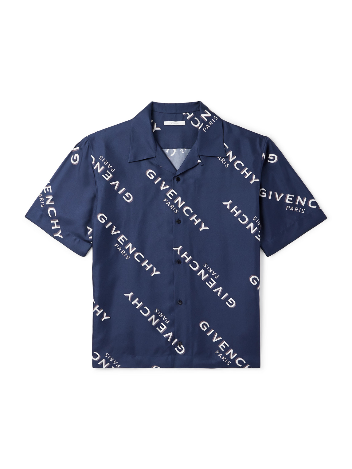 Givenchy - Convertible-Collar Logo-Print Silk-Twill Shirt - Men - Blue - EU 42 von Givenchy
