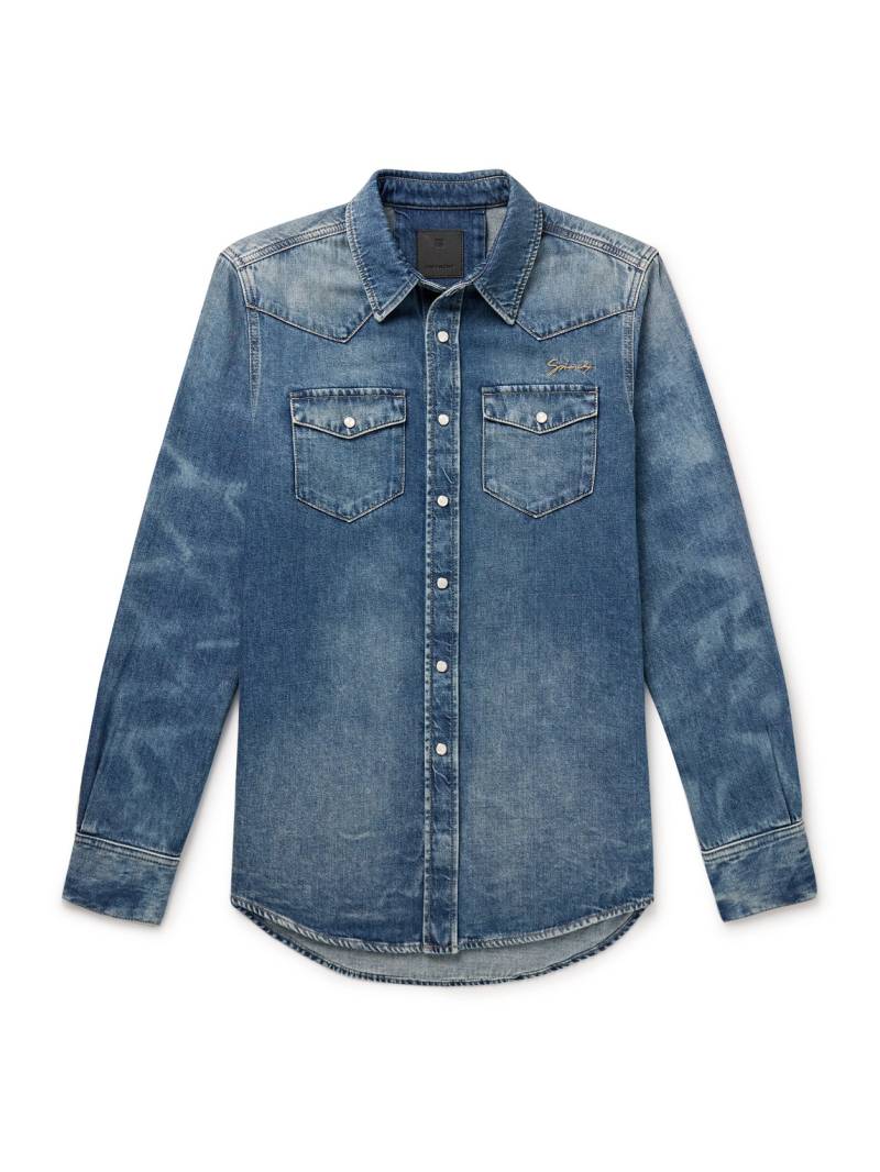 Givenchy - Logo-Embroidered Washed-Denim Western Shirt - Men - Blue - M von Givenchy