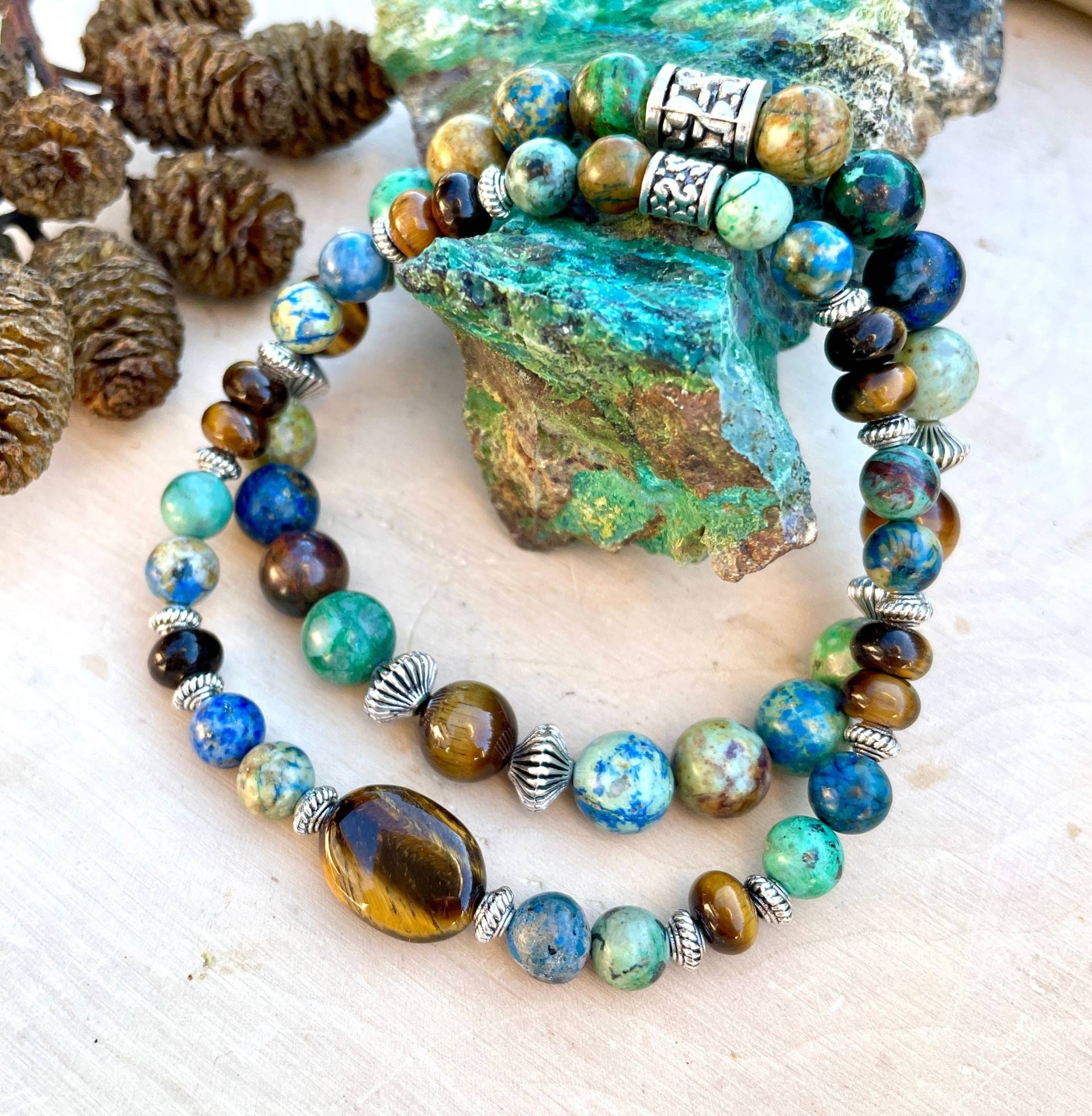 Azurit Chrysocolla Armband Duo Stack Mit Tigerauge, Silber, Natürlicher Blauer Grüner Brauner Stein, Arizona Edelstein Kristall von GivingEarthMinerals