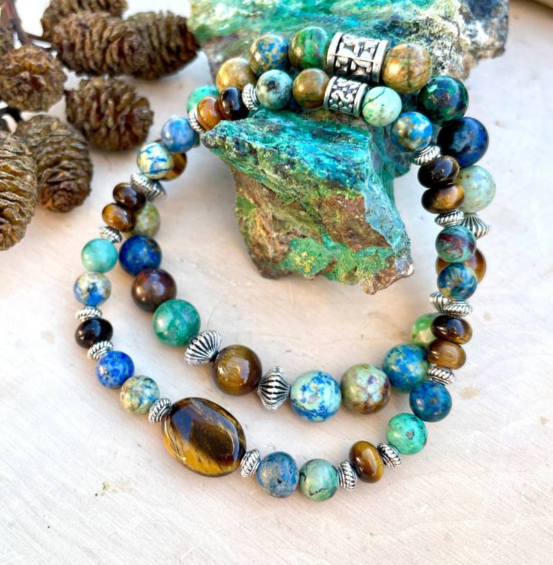 Azurit Chrysocolla Armband Duo Stack Mit Tigerauge, Silber, Natürlicher Blauer Grüner Brauner Stein, Arizona Edelstein Kristall von GivingEarthMinerals