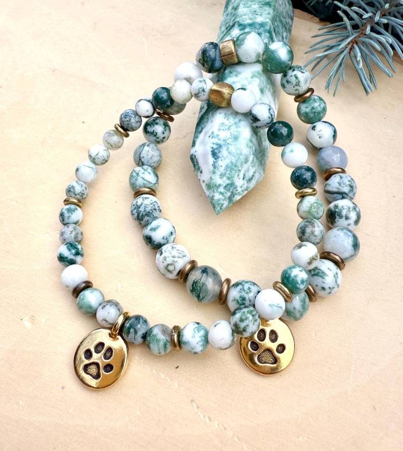 Grünes Baumachat Armband Mit Hund Pfoten Anhänger, Gold, Stretch, Edelstein Kristall Stein, Geschenk Für Hundeliebhaber von GivingEarthMinerals