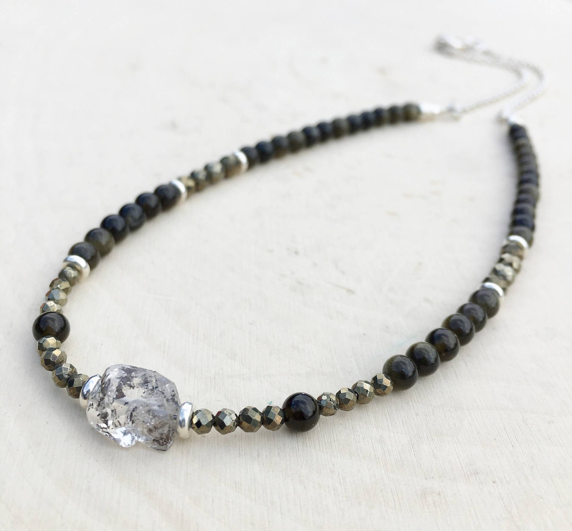 Herkimer Diamant Kette Mit Gold Schimmer Obsidian & Pyrit, Perlen, Silber, Naturstein Kristall Edelstein, 16 " - 18" von GivingEarthMinerals