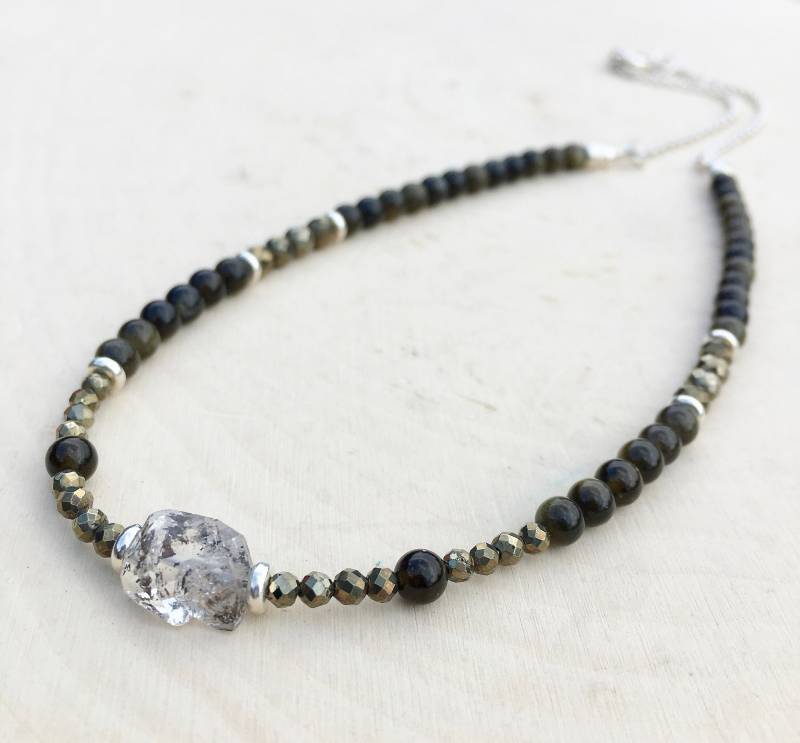 Herkimer Diamant Kette Mit Gold Schimmer Obsidian & Pyrit, Perlen, Silber, Naturstein Kristall Edelstein, 16 " - 18" von GivingEarthMinerals