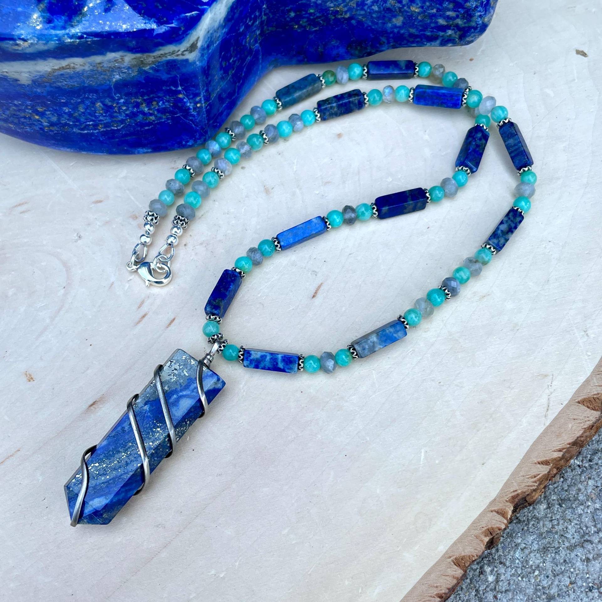 Lapis Lazuli Halskette Mit Chrysokoll, Labradorit & Silber, Perlen, 18 ", Naturstein Kristall Edelstein Anhänger von GivingEarthMinerals