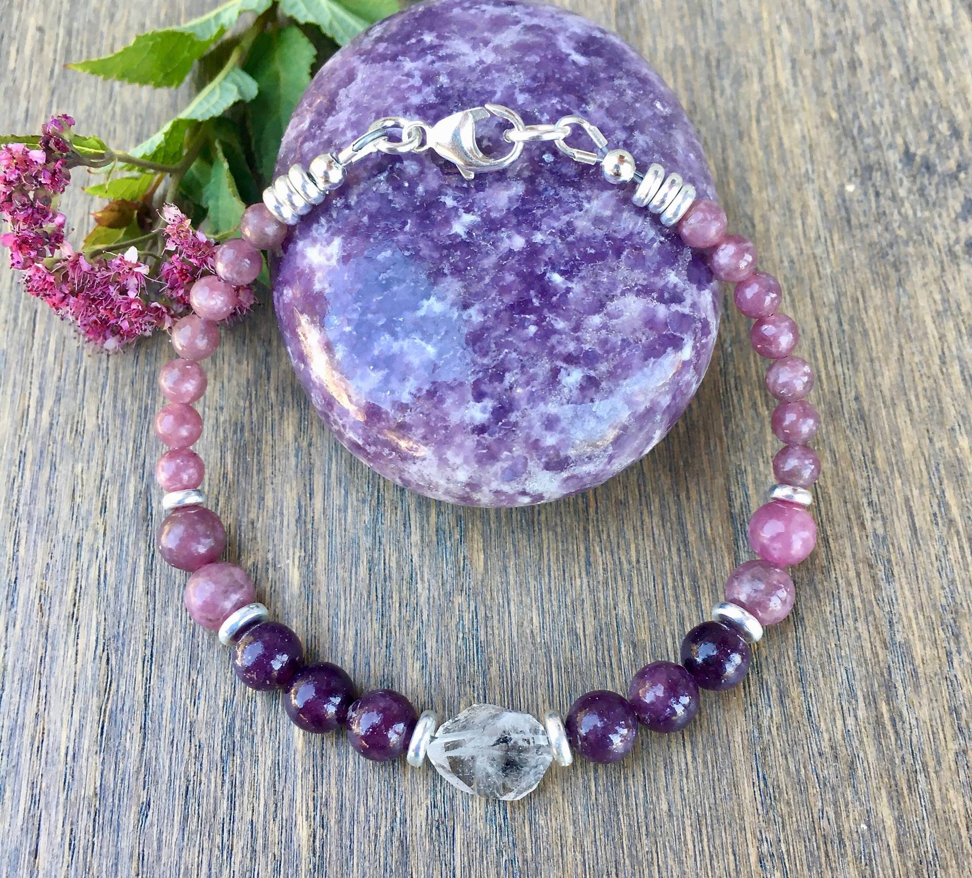Lepidolite & Herkimer Diamant Armband - Silber, Perlen, Verschluss, Lila Naturstein Edelstein von GivingEarthMinerals