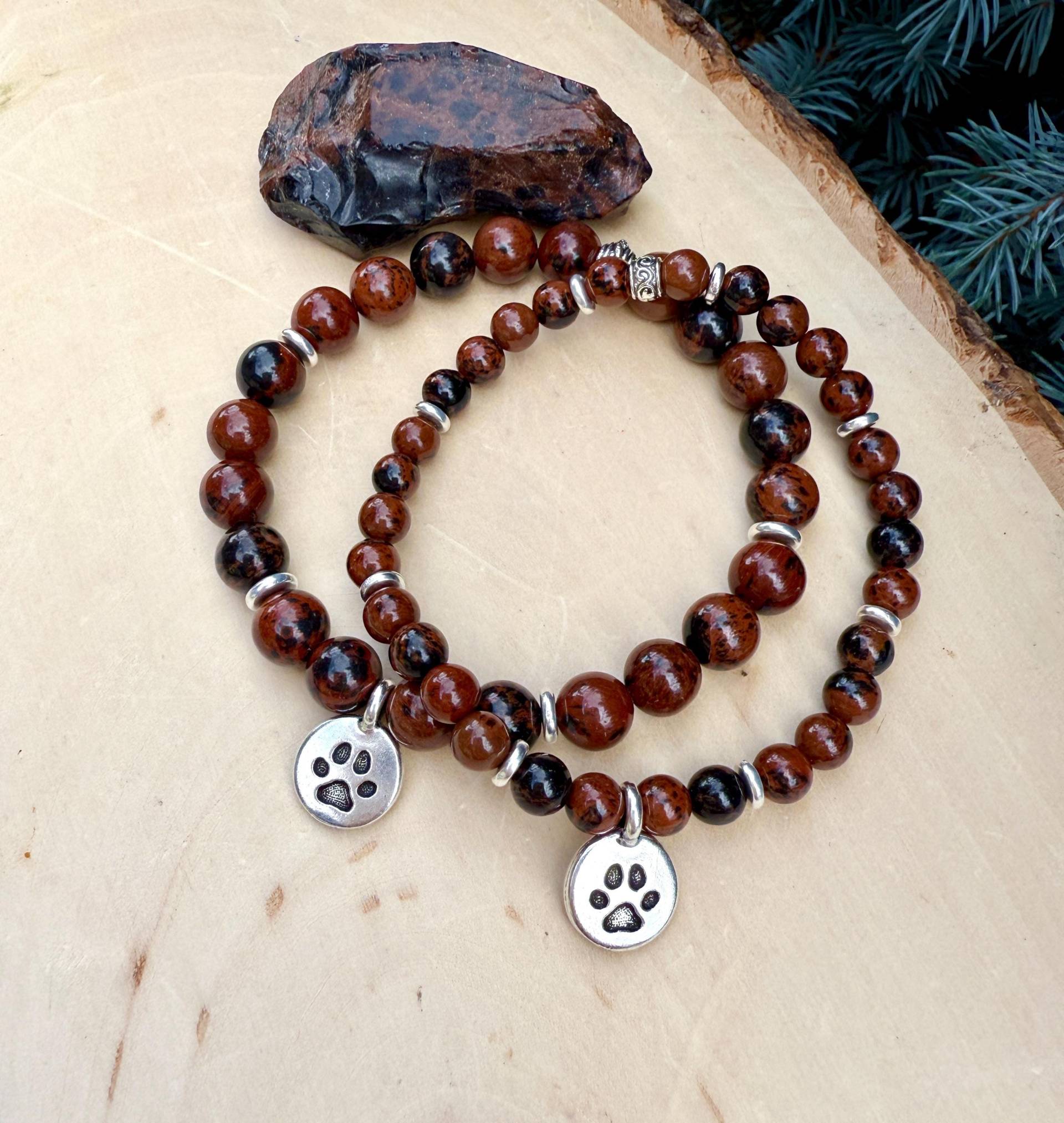 Mahagoni Obsidian Armband Mit Hundepfoten Anhänger, Silber, Stretch, Edelstein Kristallstein, Geschenk Für Hundeliebhaber von GivingEarthMinerals