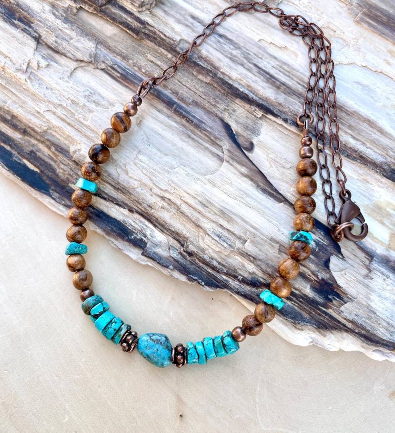 Nevada Turquoise Kette Mit Tiger Haut Sandelholz & Kupfer, Edelstein Kristall Naturstein von GivingEarthMinerals