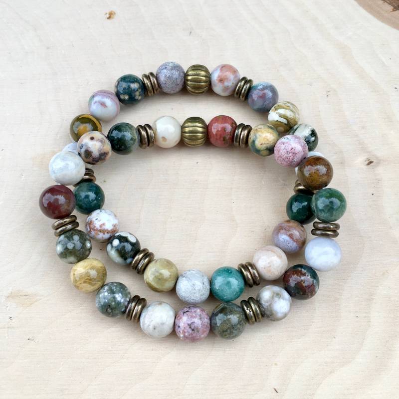 Ocean Jaspis Armband, Rustikale Messing Stretch 8 Mm Perlen, Naturstein Edelstein Kristall von GivingEarthMinerals