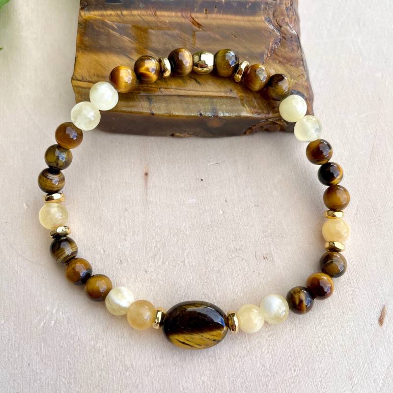 Tiger's Auge & Honig Calcite Armband Mit Gold, Stretch Perlen, Edelstein Kristall Stein von GivingEarthMinerals