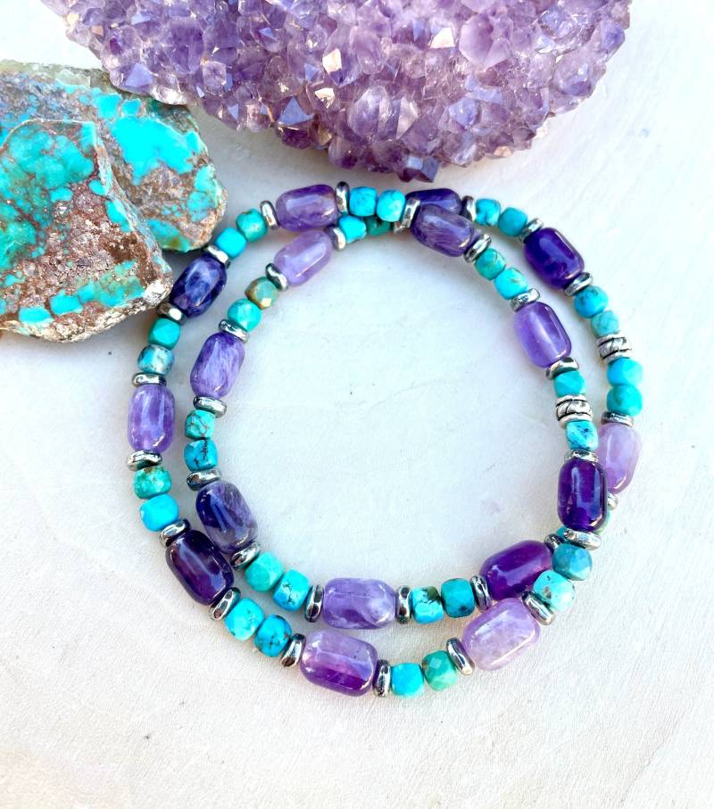 Türkis & Amethyst Armband, Stretch, Perlen, Silber, Naturstein Edelstein Kristall Quarz, Kleinere Perlen von GivingEarthMinerals