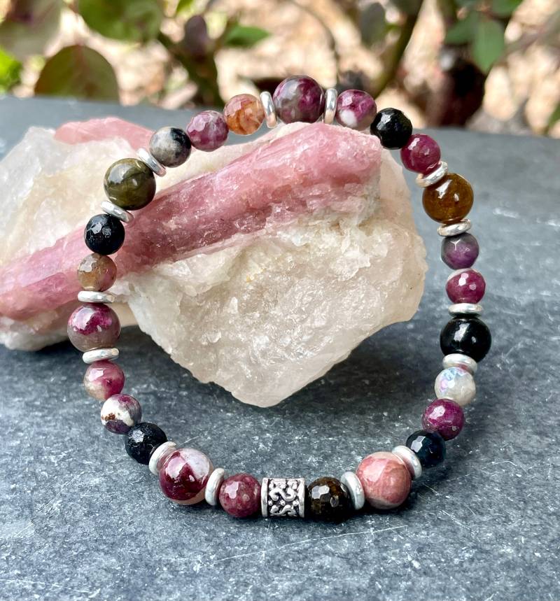 Wassermelone Turmalin Armband Mit Silber, Stretch Perlen, Mehrfarbiger Naturstein Edelstein Kristall, 6-8mm von GivingEarthMinerals
