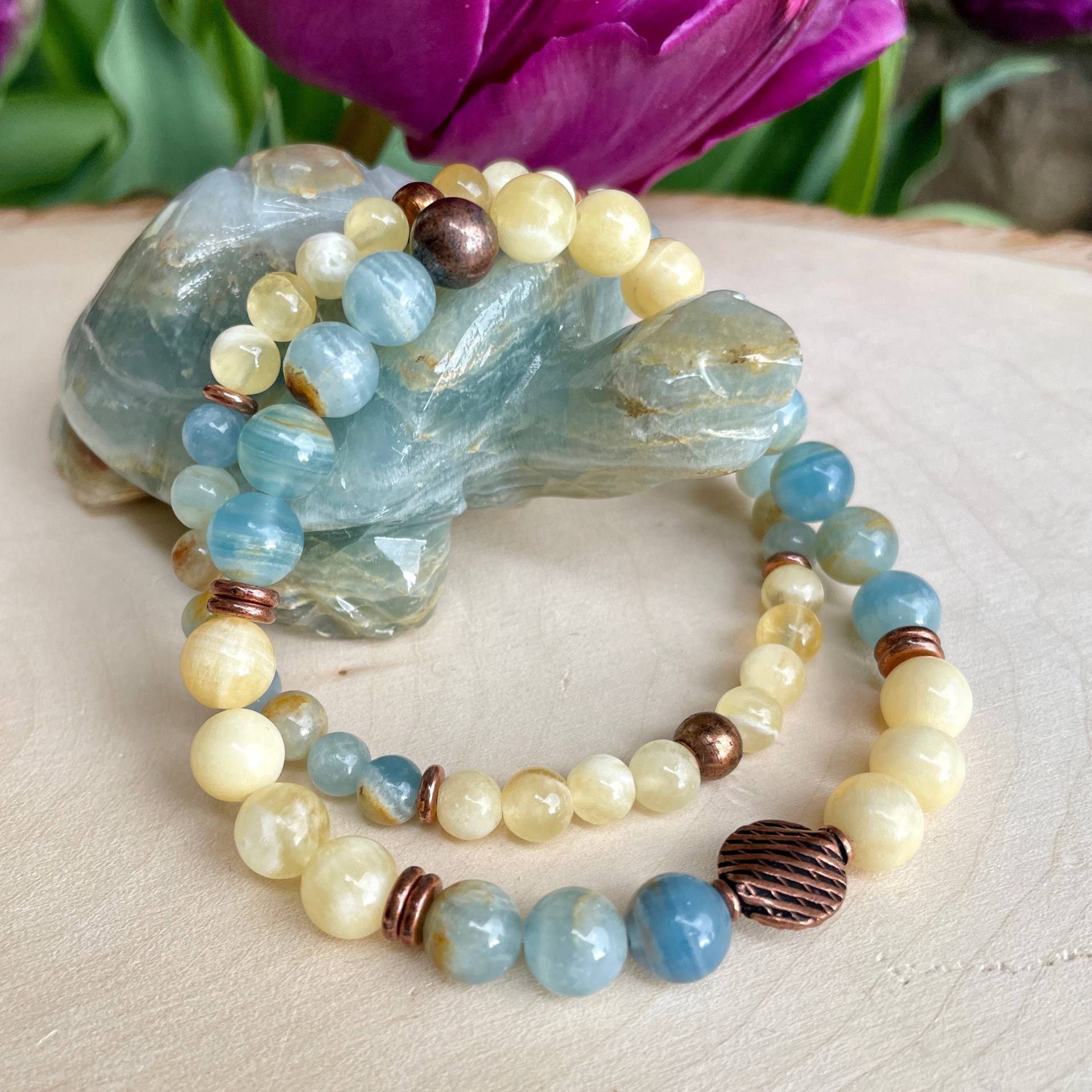 Yellow & Lemurian Aquatine Calcit Armband Duo Stack Mit Kupfer, Perlen Stretch, Naturstein Edelstein Kristall von GivingEarthMinerals