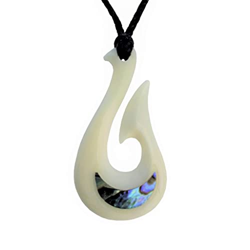 Hand geschnitzt Knochen & Paua Muschel Hei Matau Fish Hook Pendant Kettenanhänger aus New Zealand von Giwi Style