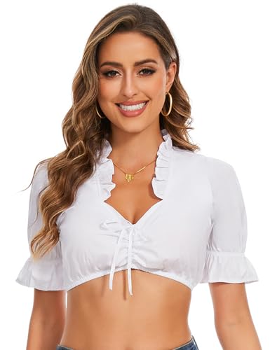 Giyaluzw Dirndl Bluse Damen Dirndlbluse Okotoberfest Trachtenbluse Kurzarm Dirndl Bluse V Ausschnitt Weiß 34-42 von Giyaluzw