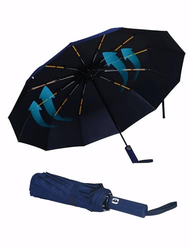 Giyaluzw Regenschirm Sturmfest Taschenschirm Automatik mit 12 Doppelrippen Umbrella Windproof Faltschirm Doppler Regenschirm Schwarz für Damen und Herren (Marineblau) von Giyaluzw