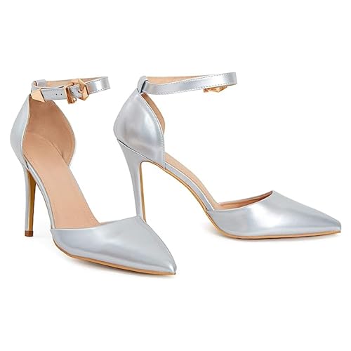 Damen Herren Unisex Knöchelriemchen Schnalle Stiletto-Absatz Pumps Übergröße 43 - 46, - Silberfarbenes Lack. - Größe: 45 EU von Gizelle