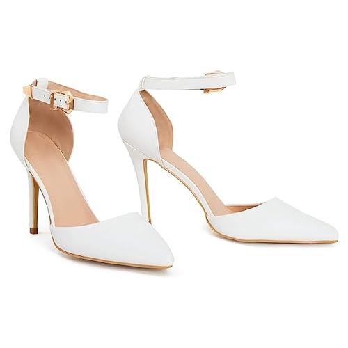 Damen Herren Unisex Knöchelriemchen Schnalle Stiletto-Absatz Pumps Übergröße 43 - 46, - Weiß matt - Größe: 43 EU von Gizelle
