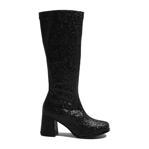 Gizelle® Damen 1960er 70er Jahre Faschingsparty Gogo-Stiefel - Damen Retro kniehohe lange Ferse glitzernde Glitzer Go Go Stiefel Schuhe mit seitlichem Reißverschluss Größe 36-8 UK, Schwarz Glitter, 41 von Gizelle