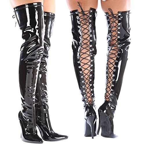 Gizelle Damen Back Lace UP Over The Knee Boots Overknee-Stiefel, Black Patent, 45 EU von Gizelle