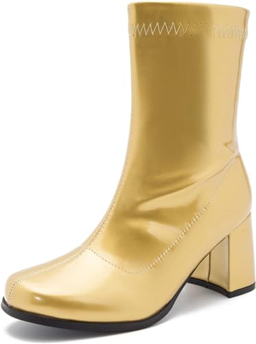 Gizelle Damen Go Go Stiefel Mid Calf Blockabsatz Reißverschluss Stiefel Stiefeletten Niedriger Blockabsatz Kurze Stiefel Schuhe, Gold Patent, 41 EU von Gizelle