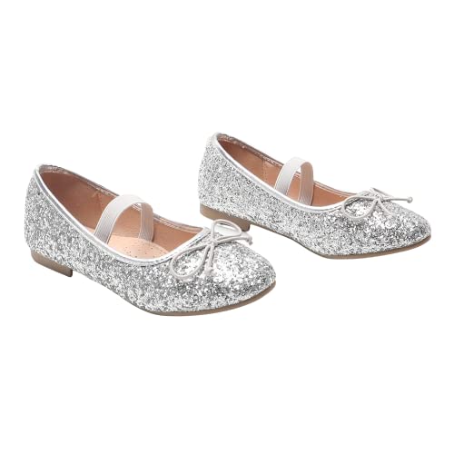 Gizelle Mary Jane Mädchen Kinder Flache Brautparty-Glitzer-Prinzessinnen-Hochzeitskleid, flache Brautjungfern-Schuhe für Kinder, silber, 27 EU von Gizelle