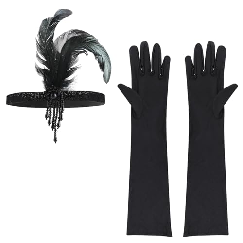 Gjinxi 1920 Jahre Damen Federkopfband Handschuhen Set Flapper Feder Haarband Maskerade Gatsby Stirnband Halloween Thema Kopfschmuck Lange Handschuhe für Teeparty Karneval KostüM Haarschmuck von Gjinxi