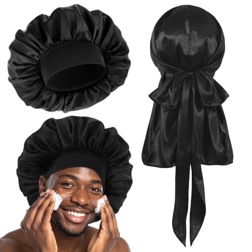 Gjinxi 2 Stück Seidenhaube, Satin Haarhauben Schädelkappe Nacht Haar Schlafkappen Kopftuch Kühlendes Durag für Frauen mit langem und lockigem Haar von Gjinxi