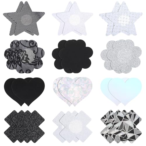 Gjinxi 24PCS Nippelabdeckung Selbstklebend Nipple Patches Nippel Cover Aufkleber Brustaufkleber Kreuz Herz Blume Stern Nippelpads Damen Unsichtbare Nippleabdeckung Brustwarzenabdeckung Nippelaufkleber von Gjinxi