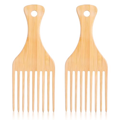 Gjinxi 2er-Pack Bambuskamm-Set für Afrohaar, natürliche antistatische Haarnadeln für lockiges Haar, breitzinkige Afrokämme zum Anheben und Stylen der Haare, langzinkige Entwirrungskämme für Männer und von Gjinxi
