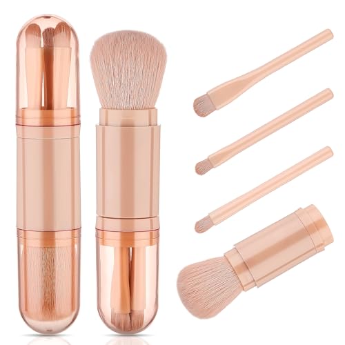 Gjinxi 4-in-1 Reise-Make-up-Pinsel-Set, Mini-süßer Make-up-Pinsel, einziehbar, professioneller Foundation-Pinsel, Make-up-Halter, Werkzeug, tragbares Kosmetik-Zubehör für Puder, Lidschatten, von Gjinxi