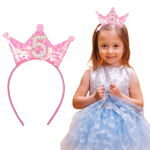 Gjinxi 5. Geburtstag Prinzessin Stirnband, rosa Prinzessin Tiara 5 Jahre funkelnde Tiara Mädchen Stirnband Happy Birthday Kopfbedeckung Glitzer Haarband Dekorationen 5 Jahre altes Mädchen Haarschmuck von Gjinxi