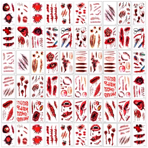 Gjinxi 60 Blatt 3D Fake Narben Tattoos, Halloween Zombie Temporäre Tattoos, Fake Nähte Tattoo, Schnitt Gruselige Gesichtswunde Blut Chucky Narben Sticker für Halloween Party Cosplay von Gjinxi