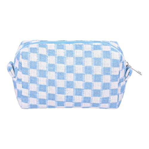 Gjinxi Karierte Make-up-Tasche für Geldbörse, tragbare Kosmetiktasche mit Reißverschluss, kleine Reise-Kulturbeutel, Organizer für Frauen und Mädchen, Federmäppchen, ästhetisch, Blau und Weiß von Gjinxi
