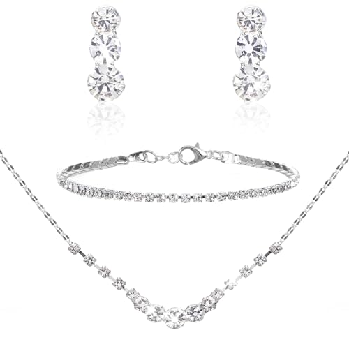 Gjinxi Silber Schmuck-Set für Frauen, Strass Halskette Armband Dangle Ohrringe Set, Kristall Braut Hochzeit Partei Schmuck-Sets für Braut Brautjungfer formale Kostüm Zubehör Gjinxi Silber Schmuck-Set für Frauen, Strass Halskette Armband Dangle Ohrringe Set, Kristall Braut Hochzeit Partei Schmuck-Sets für Braut Brautjungfer formale Kostüm Zubehör von Gjinxi