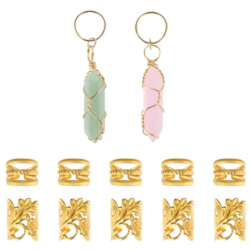Haarschmuck für Zöpfe Gjinxi 12 Stück Frauen Haar Geflecht Ringe mit Kristall Anhänger Gold-Zöpfe Haarspange Dreadlocks Schmuck Metall für Zöpfe Deko Dreadlock Zubehör(Rosa und Grün Kristall) von Gjinxi