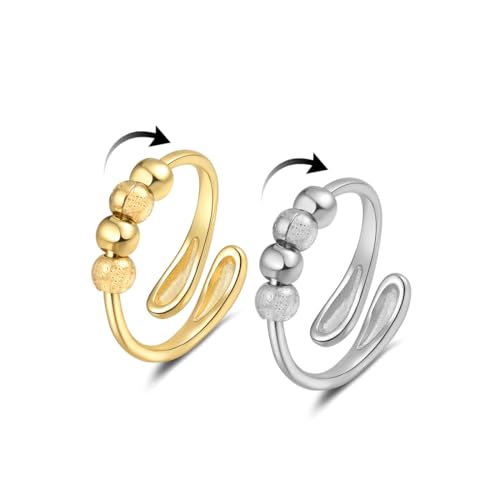 2 Stück Angst Ringe, Verstellbar Silber/Gold Anti-Stress Anxiety Ringe für Frauen Linderung von Ängsten Anxiety Ring mit Perlen Hypoallergene Offener Spinner Dekompressions Ring Set für Damen Herren von Gkaopi