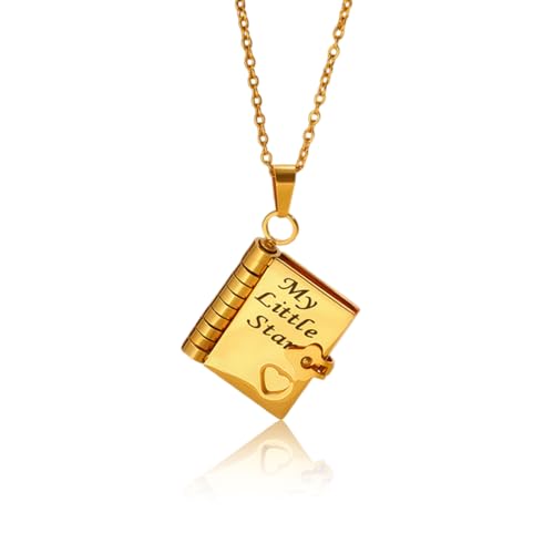 Buch Halskette Damen Personalisierte Gold Vergoldet Titanstahl Buch Anhänger Zum Öffnen Silberkette Liebesbrief Anhänger mit Gravur Stilvolle Kette Schmuck Geschenk für Töchter (Gold Star) von Gkaopi