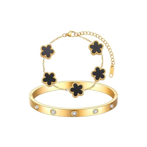 Gkaopi 2 Stück 18K Vergoldet Vierblättriges Kleeblatt Armband Gold Edelstahl Cubic Zirkonia Kleeblatt Armreif Schmuckset Verstellbare Glücksklee Schmuckset für Damen und Mädchen von Gkaopi