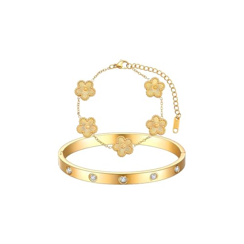 Gkaopi 2 Stück 18K Vergoldet Vierblättriges Kleeblatt Armband Gold Edelstahl Cubic Zirkonia Kleeblatt Armreif Schmuckset Verstellbare Glücksklee Schmuckset für Damen und Mädchen von Gkaopi