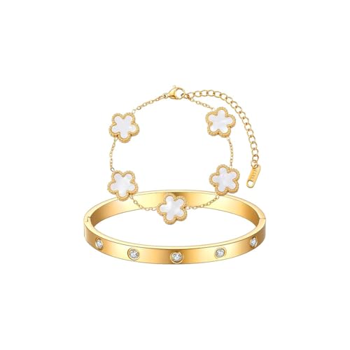 Gkaopi 2 Stück 18K Vergoldet Vierblättriges Kleeblatt Armband Gold Edelstahl Cubic Zirkonia Kleeblatt Armreif Schmuckset Verstellbare Glücksklee Schmuckset für Damen und Mädchen von Gkaopi