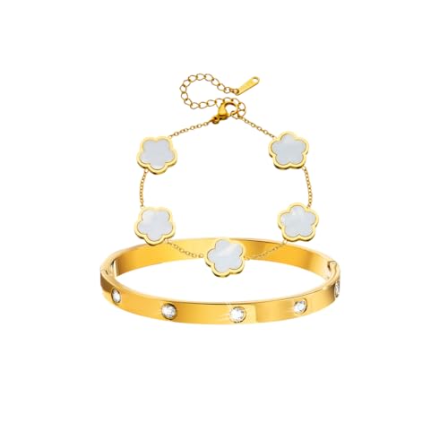 Gkaopi 2 Stück Kleeblatt Armband Damen 18K Vergoldet Vierblättriges Kleeblatt Armbander Liebe Freundschaft Armband Zirkonia Armreif Schmuckset Edelstahl Verstellbare Glücksarmband Geschenk (Weiß) von Gkaopi