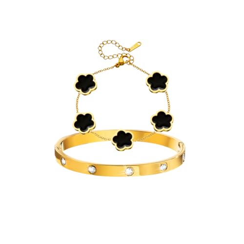 Gkaopi 2 Stück Kleeblatt Armband Damen 18K Vergoldet Vierblättriges Kleeblatt Armbander Liebe Freundschaft Armband Zirkonia Armreif Schmuckset Edelstahl Verstellbare Glücksarmband Geschenk (Schwarz) von Gkaopi