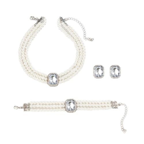 Gkaopi 3 Stück Perlen Schmuckset für Damen Layered Perlen Choker Halskette und Armkette Vintage Geometric Kristall Ohrringe Hochzeit Verlobung Braut Brautjungfer Prom Hochzeits Schmuck von Gkaopi