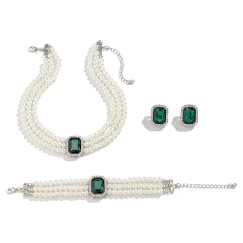 Gkaopi 3 Stück Perlen Schmuckset für Damen Layered Perlen Choker Halskette und Armkette Vintage Geometric Kristall Ohrringe Hochzeit Verlobung Braut Brautjungfer Prom Hochzeits Schmuck von Gkaopi