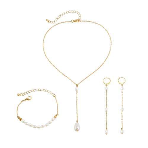 Gkaopi 3 Stück Perlen Schmuckset für Damen Perlen Ohrringe Halskette Armband Lange QuastenOhrringe Set Hochzeit Schmuckset Prom Kostüm Schmuck Set Braut Hochzeit Party von Gkaopi